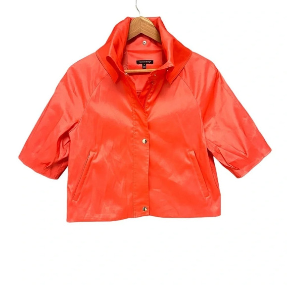 Samual Dong women’s S short sleeved jacket bright coral, kinda raincoat material - Picture 2 of 16